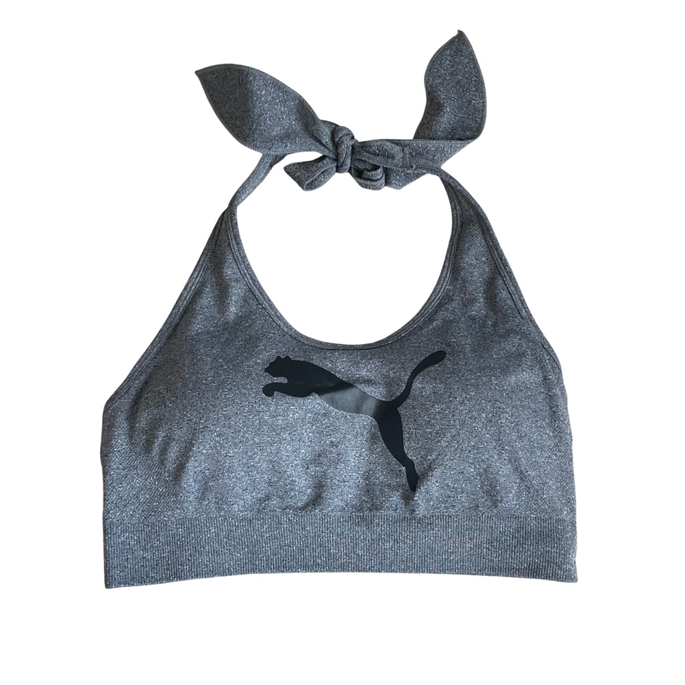 PUMA Women's Halter Logo Sports Bra low support seamless bra in gray size M - Picture 2 of 5